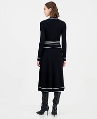 T Tahari Women's Long Sleeve Mock Neck Belted Dress