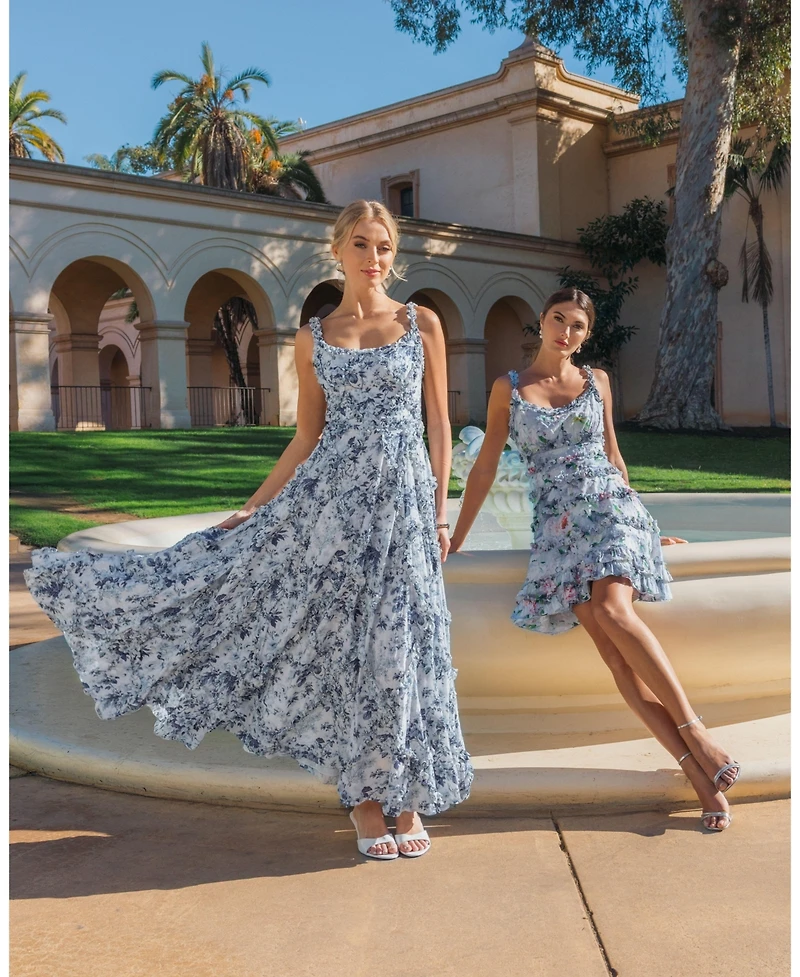 Mac Duggal Women's Floral Cotton Ruffle Square Neck Ankle Dress