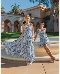 Mac Duggal Women's Floral Cotton Ruffle Square Neck Ankle Dress