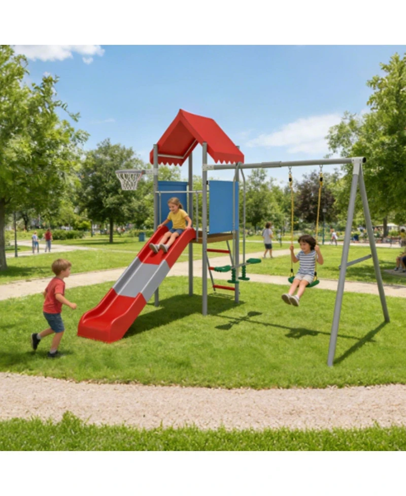 homfan 112 x 110 x 97 in Kids Outdoor Treehouse with Swing and Slides, Backyard Metal Frame Play Set for Children