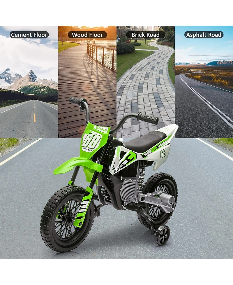 homfan 12V Kids Electric Dirt Bike - Dual 25W Motors, Twist Grip Throttle, Training Wheels, Spring Suspension, Ride On Toy for Ages 3