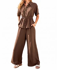 Cupshe Women's Drawstring Waist Button-Down Top and Wide Leg Pants Matching Set