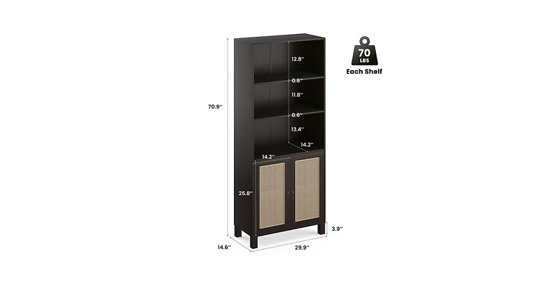 Flynama Tall 5-Tier Bookshelf with Rattan Closed Doors Large-Capacity Wooden Home Library Storage Bookcase