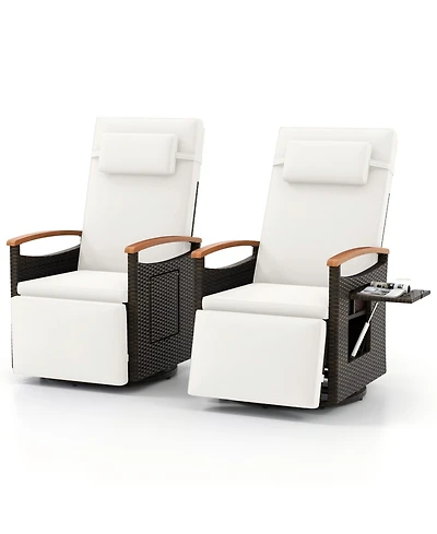 Sugift Set of 2 Patio Rattan 360 Swivel Recliner Chairs with Side Tables and Footrests