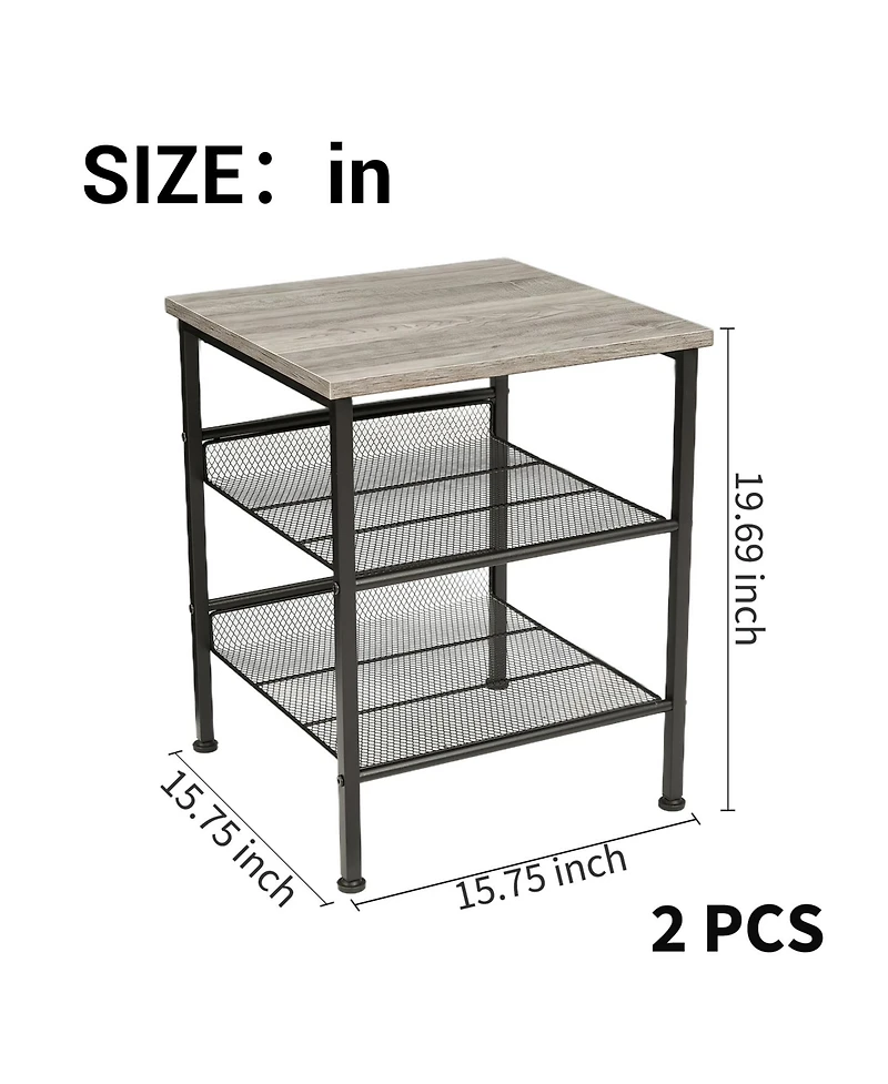 homfan 2-Piece 3-Tier Square End Table Set, Industrial Side Tables with Mesh Shelves and Metal Frame