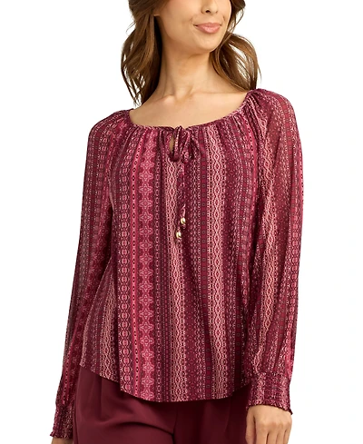 Bcx Juniors' Printed Mesh Smocked-Sleeve Peasant Top