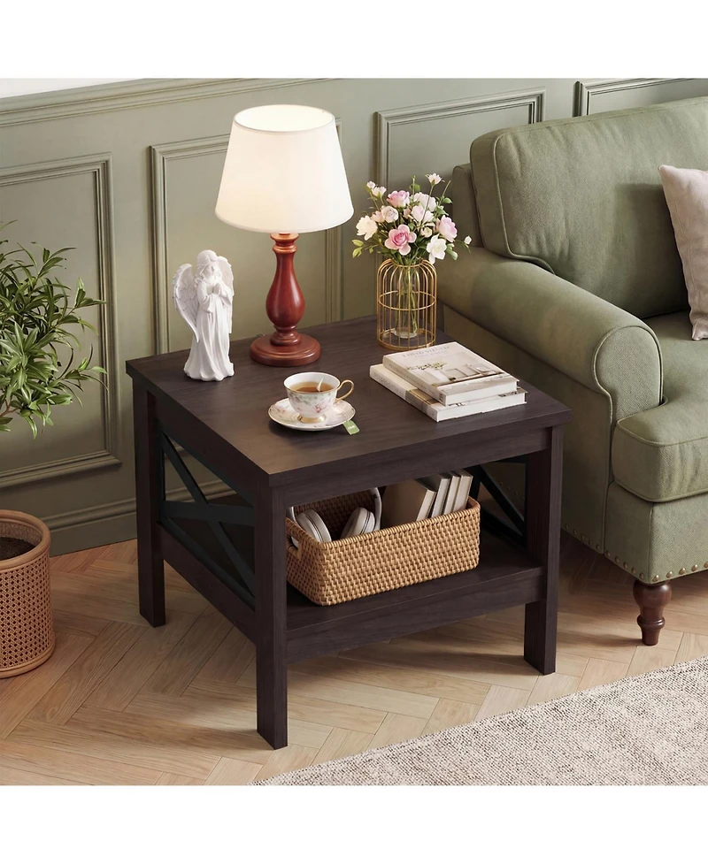 Slickblue 2-Tier Square Side Table with Storage Shelf and X-Frame Design