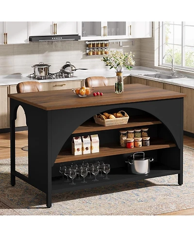 Tribesigns Kitchen Island with 3 Storage Shelves Kitchen Shelf With Large Countertop And Seating Area Modern Wooden Coffee Bar Table