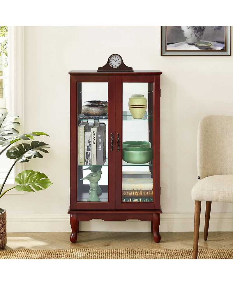 flynama 3-Tier Lighted Glass Curio Cabinet Acrylic Mirror Back Adjustable Tempered Glass Shelf Home Collection Display Cabinet