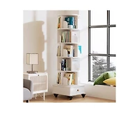 flynama 6-Tier 360 Degree Rotating Bookshelf with Single Drawer, Tall Narrow Wooden Corner Home Display Rack