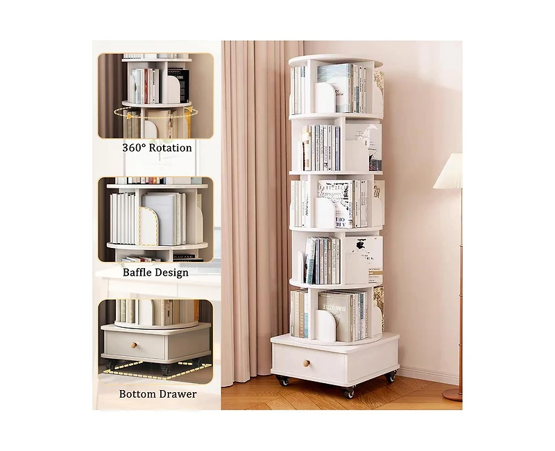 flynama 6-Tier 360 Degree Rotating Bookshelf with Single Drawer, Tall Narrow Wooden Corner Home Display Rack