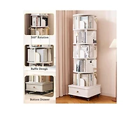flynama 6-Tier 360 Degree Rotating Bookshelf with Single Drawer, Tall Narrow Wooden Corner Home Display Rack