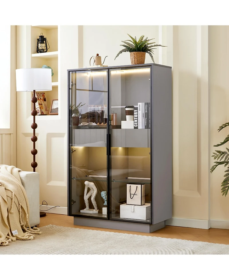 flynama 60.6 Inch Freestanding Glass Door Display Cabinet Led Light Adjustable Shelves Home Storage Cabinet