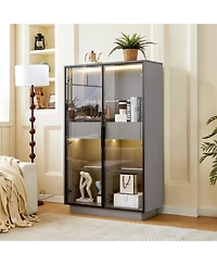 flynama 60.6 Inch Freestanding Glass Door Display Cabinet Led Light Adjustable Shelves Home Storage Cabinet