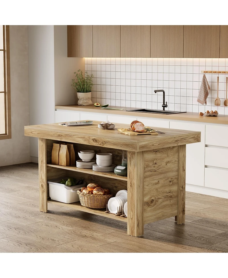 Tribesigns 3-Tier Kitchen Island with Storage, 55'' Farmhouse Wooden Stationary Table Large Worktop and Leg Room