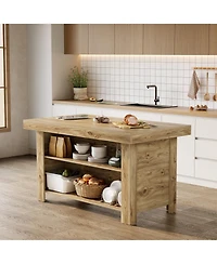 Tribesigns 3-Tier Kitchen Island with Storage, 55'' Farmhouse Wooden Stationary Table Large Worktop and Leg Room