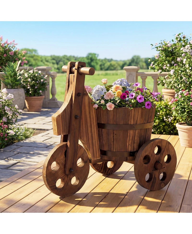 Gymax Rustic Wood Tricycle Planter with Barrel Pot and Drainage for Patio Balcony Garden