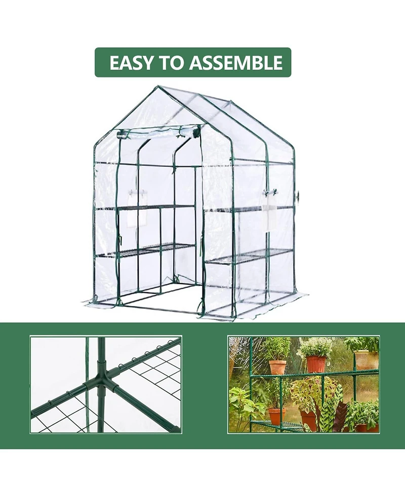 homfan 56.3"x56.3"x76.77" Walk-in Greenhouse with Iron Frame and 3-Tier Shelves, Pe Plant Grow Tent for Garden Backyard, Transparent
