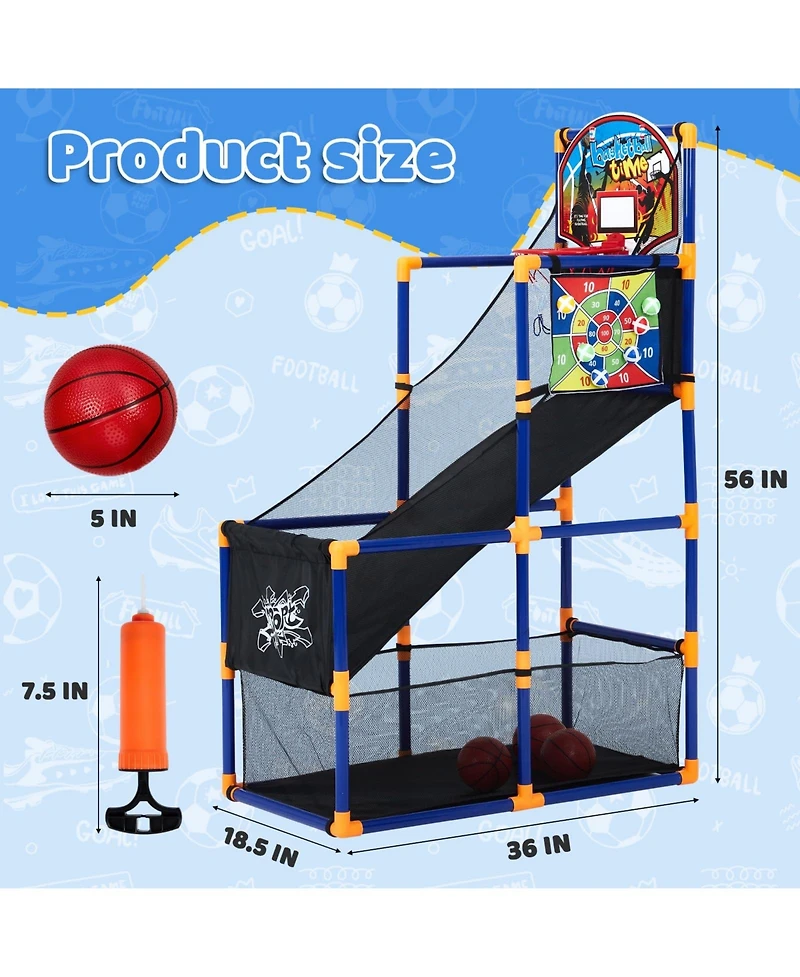 homfan 12.8 x 6.1 16.3 Inch Kids Basketball Hoop Set with 4 basketballs 6 Air Pump and Sticky Net. Indoor Outdoor Game