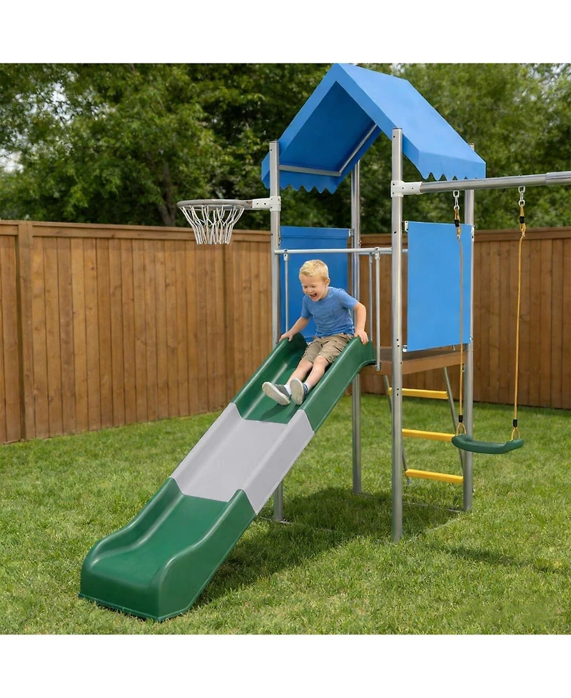 homfan 112 x 110 x 97 Inch Galvanized Steel and Pe Outdoor Kids Treehouse Swing and Slides Playset with 2 Straight Swings