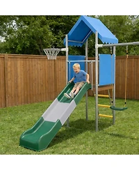 homfan 112 x 110 x 97 Inch Galvanized Steel and Pe Outdoor Kids Treehouse Swing and Slides Playset with 2 Straight Swings