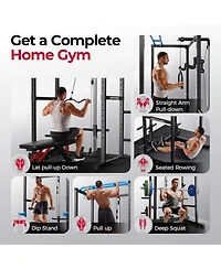 Fed Fitness Power Rack Cage with Weight Plates and 7FT Olympic Barbell, All-in-One Home Gym Squat Workout Station Pulley System
