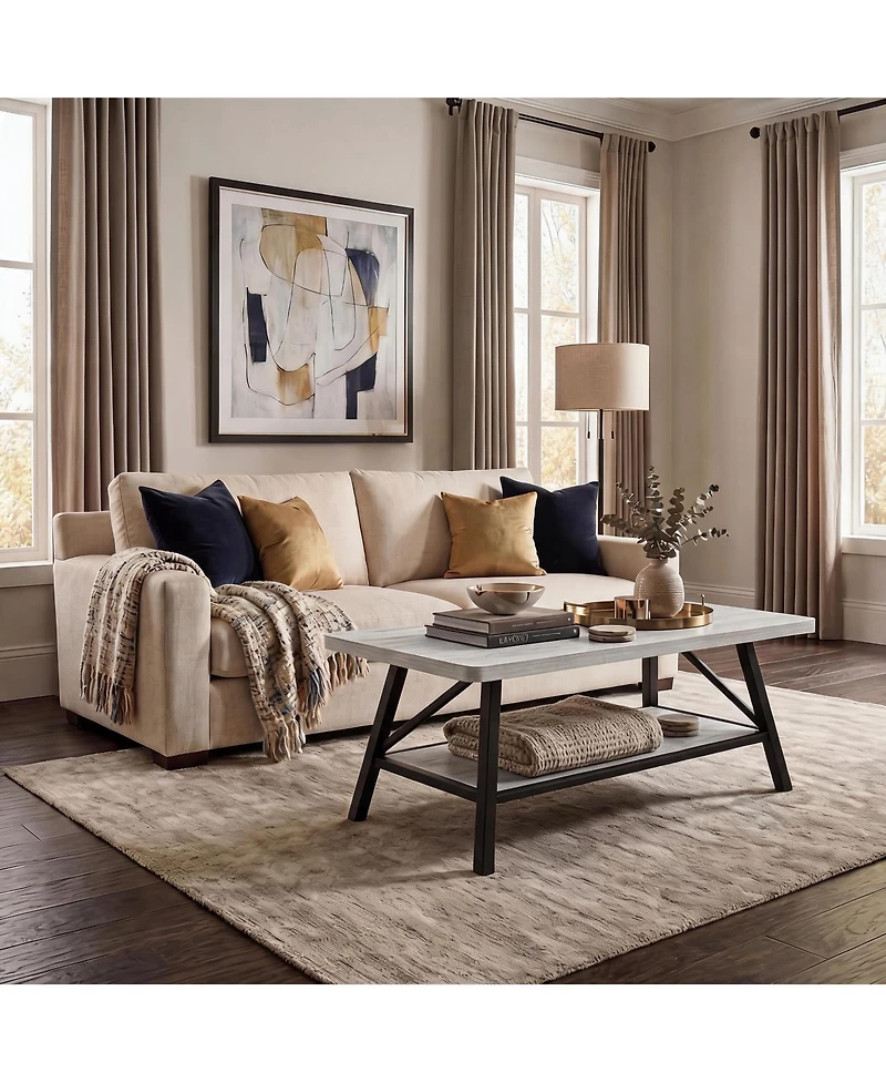 gaomon Rectangle Coffee Table for Living Room with Round Corners, Industrial Rectangle Small Coffee Table with 2-Tier Storage Shelf, Easy Assembly
