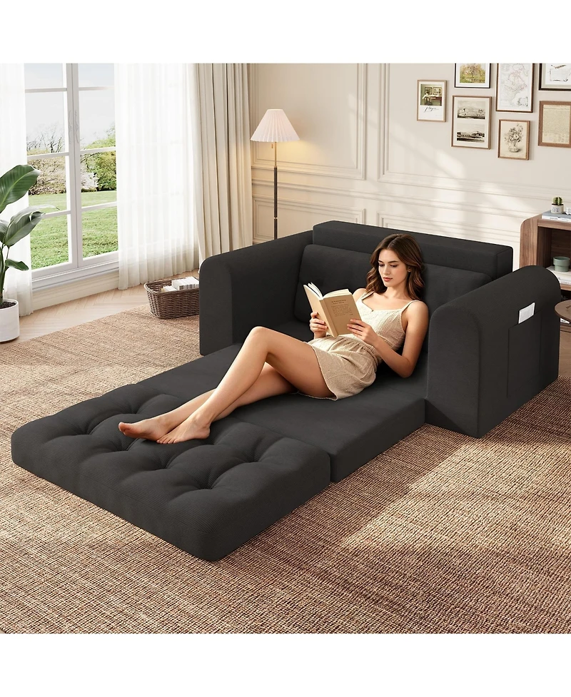 59" Corduroy Folding Sofa Bed with Round Armrests-Convertible, Back-Friendly Bed-No Assembly Required-Living Room/Bedroom Floor