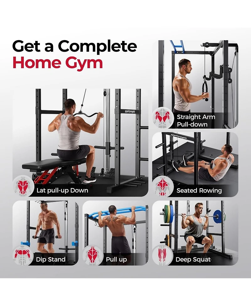 Fed Fitness Power Rack Cage with 140LB Weight Plates and 7FT Olympic Barbell, All-in-One Home Gym Squat Workout Station Pulley System