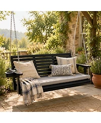 5.5 Ft Extended 3-Seater Wooden Porch Swing with Seat Cushion, Cup Holders, Hanging Chains and 7mm Springs, Heavy Duty 880 Lbs (Dark Brown)