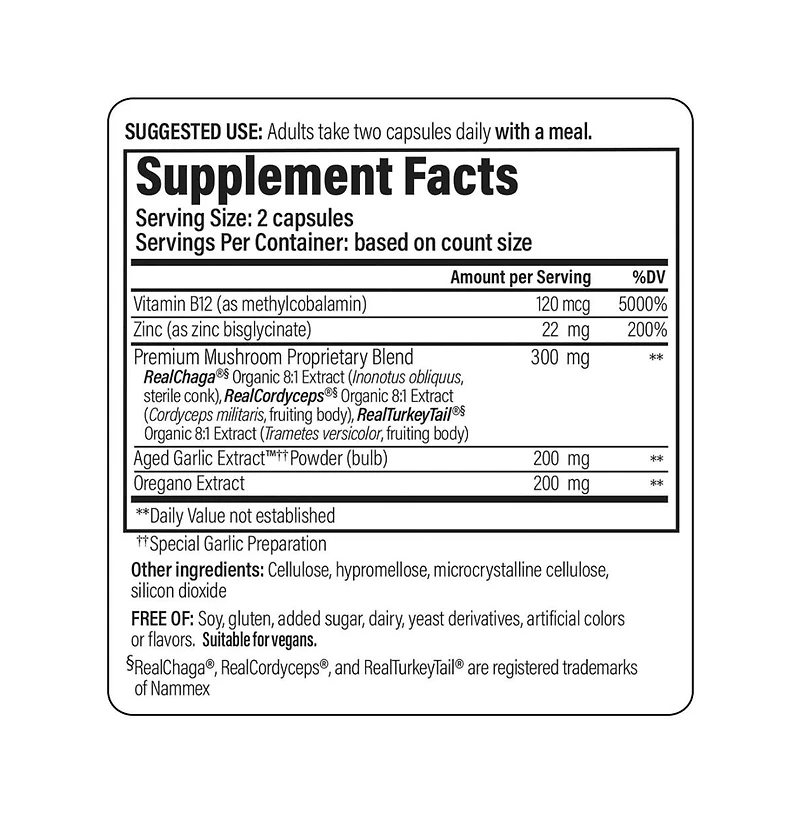 Kyolic Immune Mushrooms Supplement | Chaga, Cordyceps, Turkey Tail and Aged Garlic Extract for Wellness and Energy Support | 60 Capsules