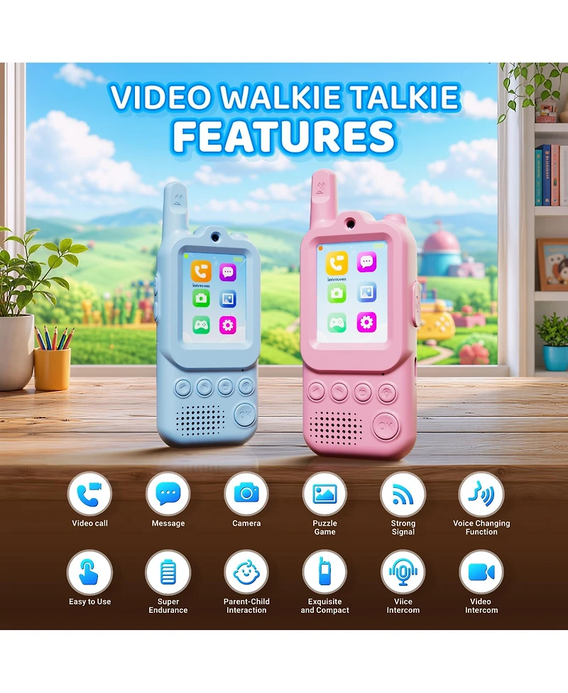 Contixo TK2 Kids Video Walkie Talkies with Camera, Blue and Pink 2-Pack, Rechargeable 2-Way Radios with 2" Screen, Voice and Photo Messaging