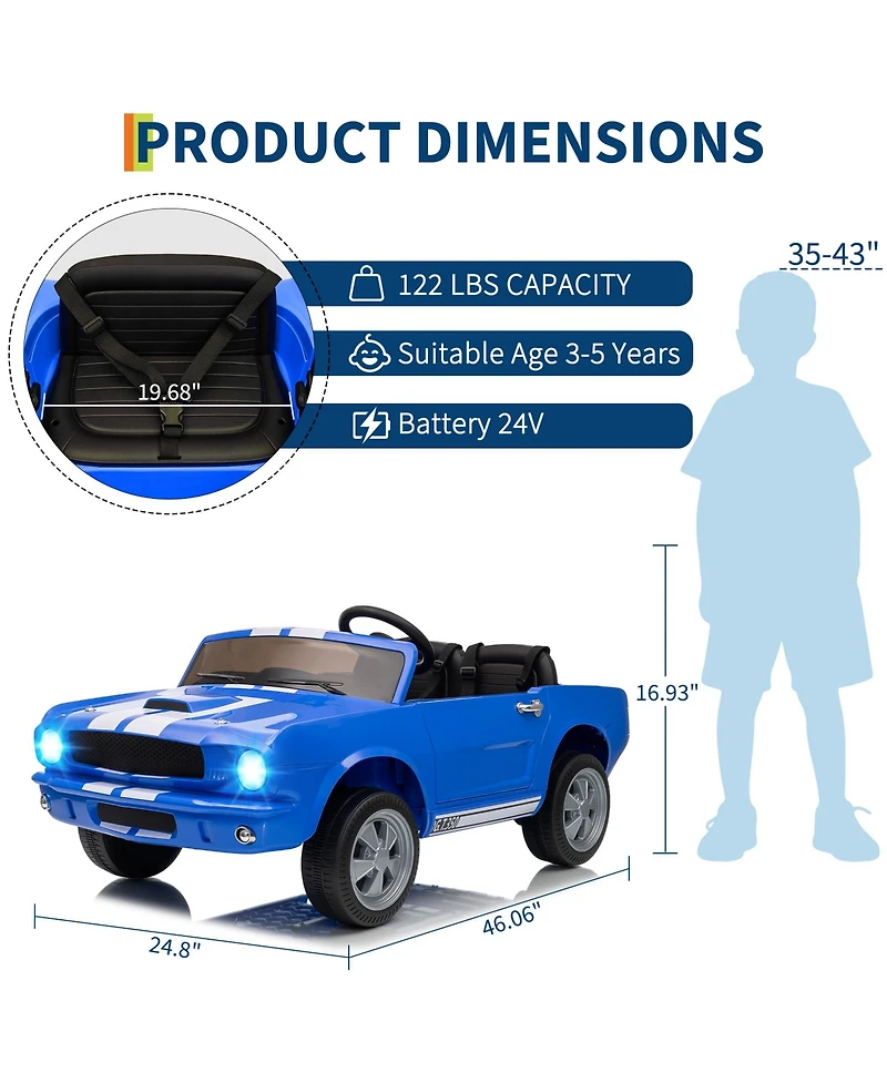 homfan 46.1 x 24.8 16.9 Inch Licensed Shelby Ride On Car for Kids 24V 2 Seater Electric Toy with Remote Outdoor Play