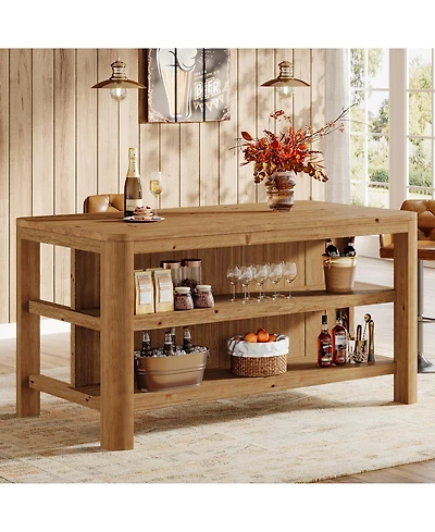 Tribesigns Solid Wood Bar Table, 63-Inch Counter Height Pub Table with Storage Shelves, Rectangular High Home Bar Furniture