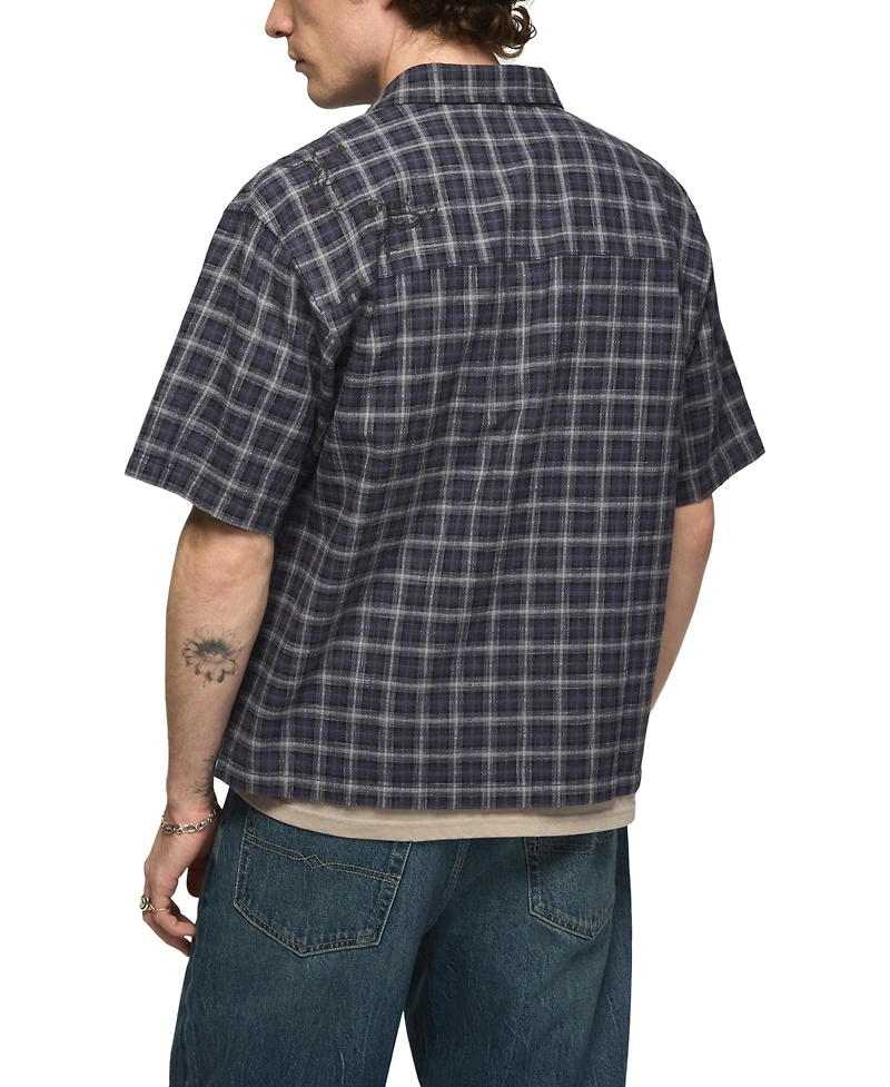 Lucky Brand Men's Embroidered Plaid Spread Collar Shirt