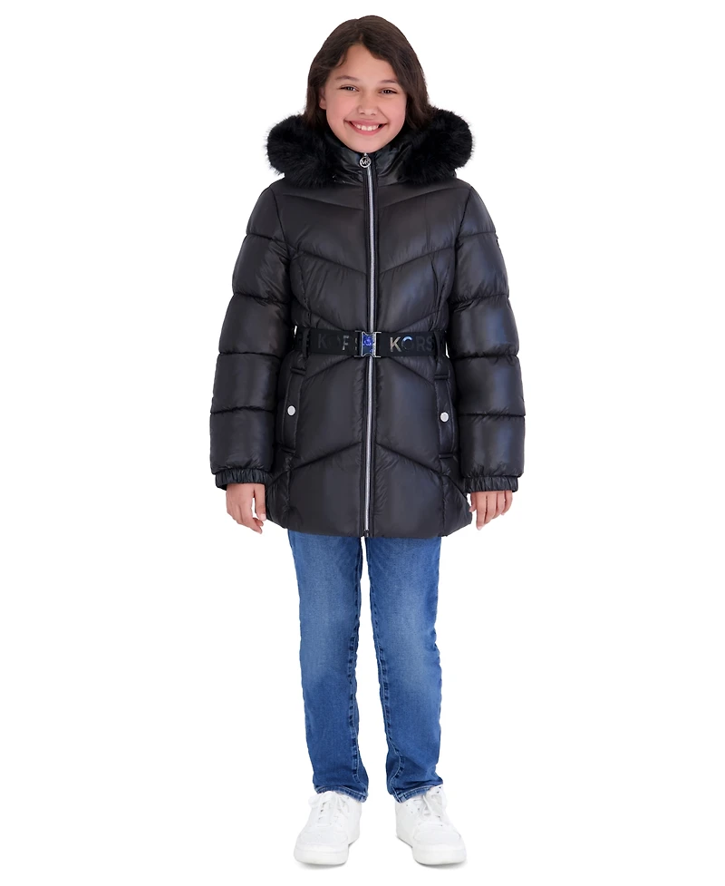 Michael Kors Girls' 5-16 Mk Logo Belted Stadium Length Long-Sleeve Jacket