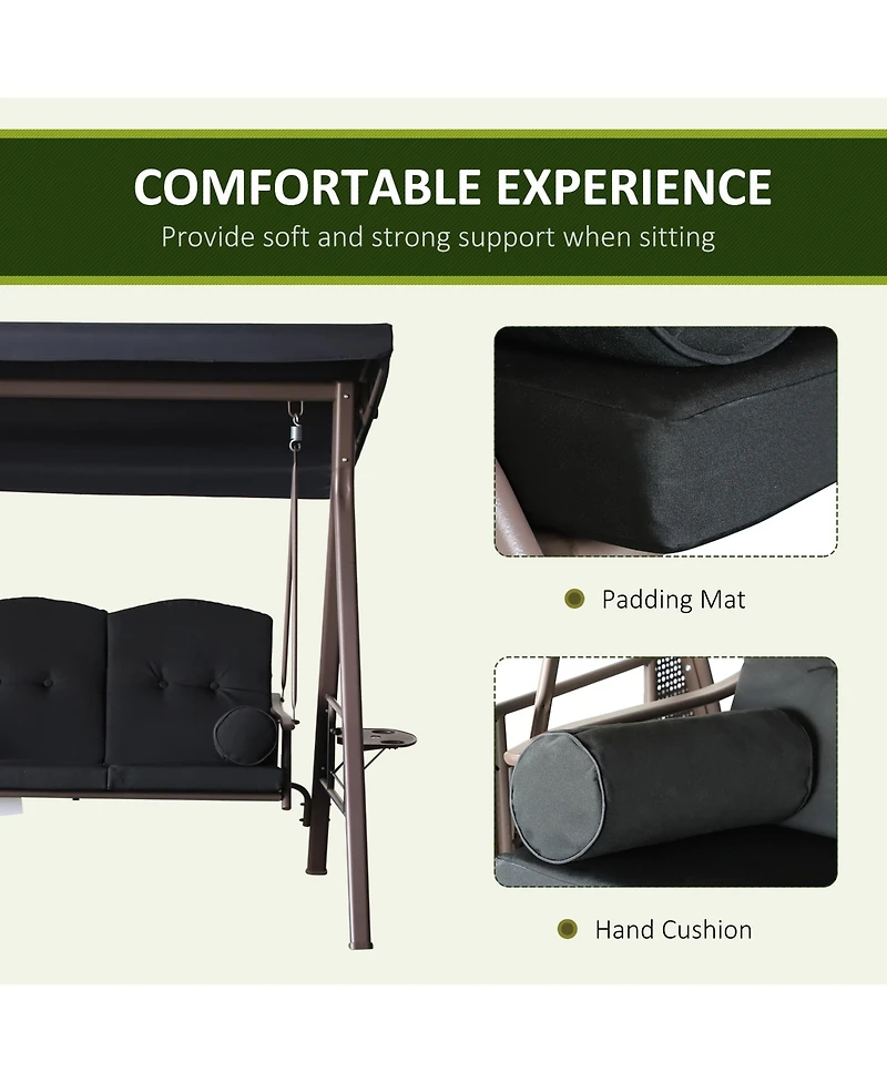 Outsunny Outdoor Patio 3-Person Steel Canopy Cushioned Seat Bench Swing with Included Side Trays & Padded Comfort