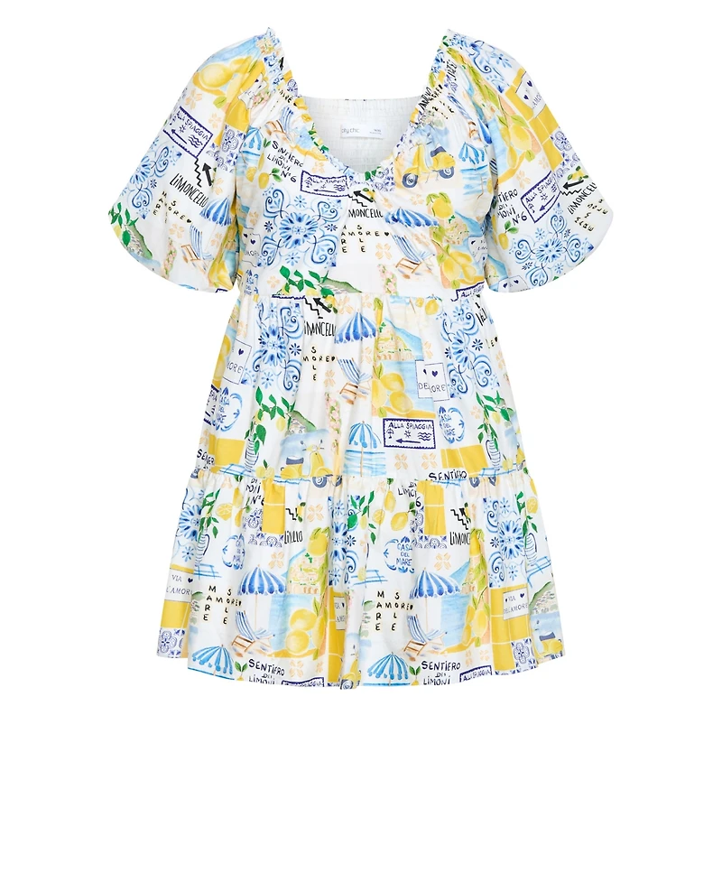 City Chic Women's Plus Print Puff Sleeve Mini Dress