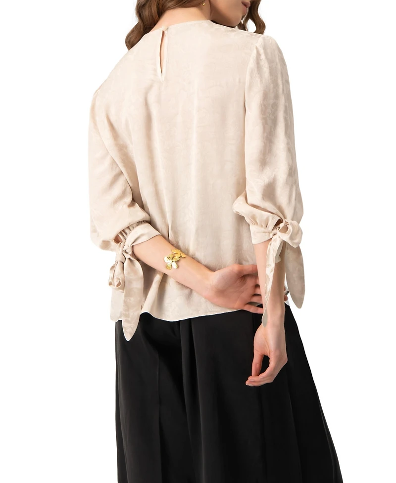 Ivonne Women's Floral Jacquard Tie-Cuff Blouse with Three-Quarter Sleeve