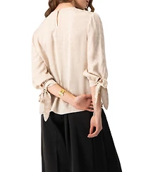 Ivonne Women's Floral Jacquard Tie-Cuff Blouse with Three-Quarter Sleeve
