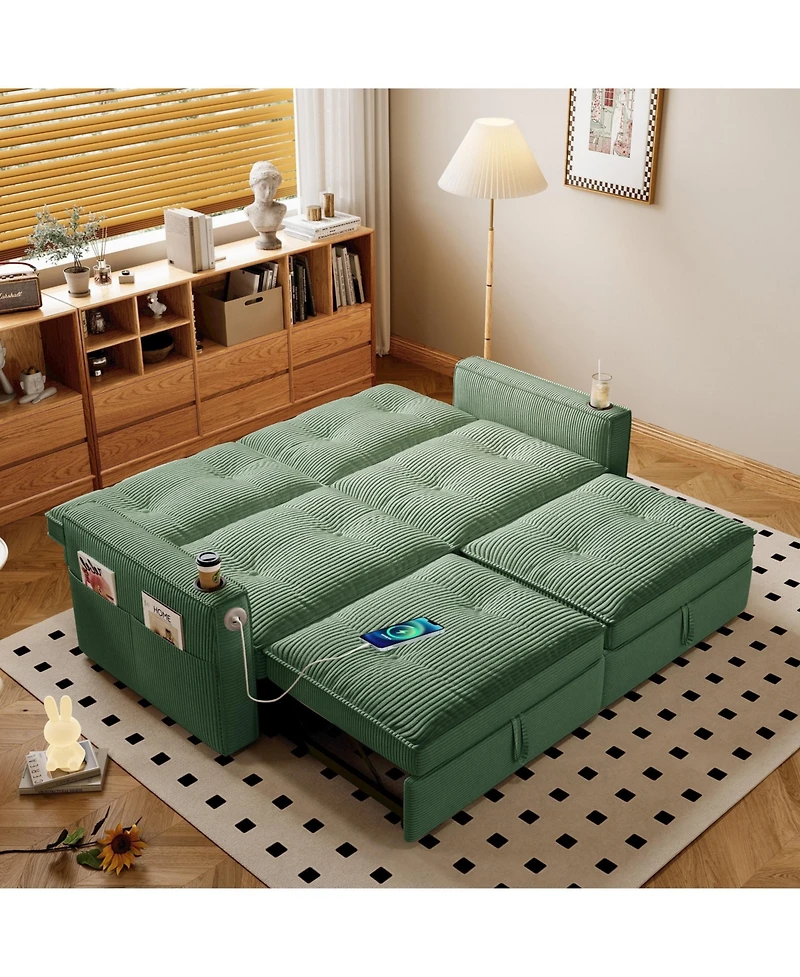 Lucky One 2-in-1 Convertible Sofa Bed with Corduroy Upholstery, Dual Armrest Cup Holders and Side Storage