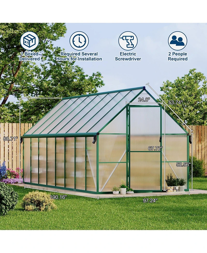 gaomon Heavy Duty 8x16Feet Aluminum Polycarbonate Walk-In Greenhouse Roof Vent, Lockable Door, All Weather Gardening Tent for Backyard, Patio, Garden
