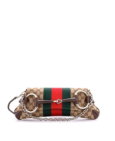 Pre-Owned Gucci Medium Horsebit Nm Web Chain Clutch Gg Canvas