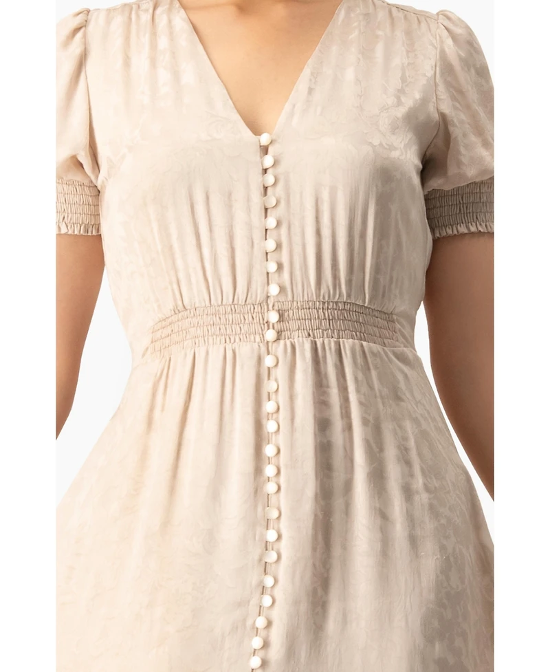Ivonne Women's Jacquard Satin Button-Front Maxi Dress with Puff Sleeve and Smocked Waist