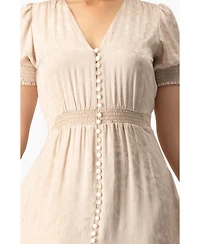 Ivonne Women's Jacquard Satin Button-Front Maxi Dress with Puff Sleeve and Smocked Waist