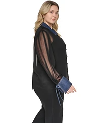 Karl Lagerfeld Paris Plus Mixed Media Collared Button-Front Top