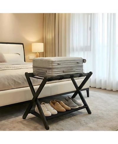 2 Tier Bamboo Shelf, 20 Inch Standing Storage Rack with 150 Lb Capacity for Bedroom, Guest Room, Hotel