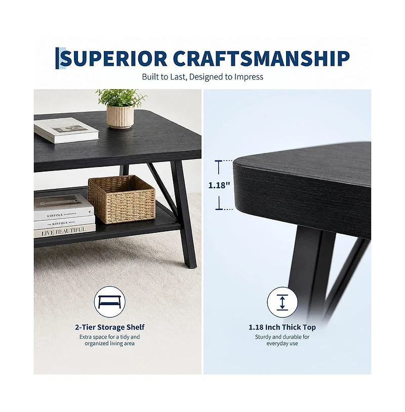 homfan Wood Coffee Table Indoor Outdoor with Iron Legs