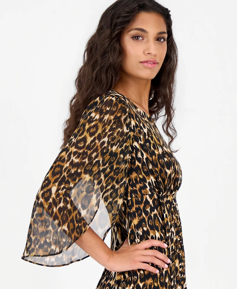 Connected Petite Leopard-Print Tulip-Sleeve Dress