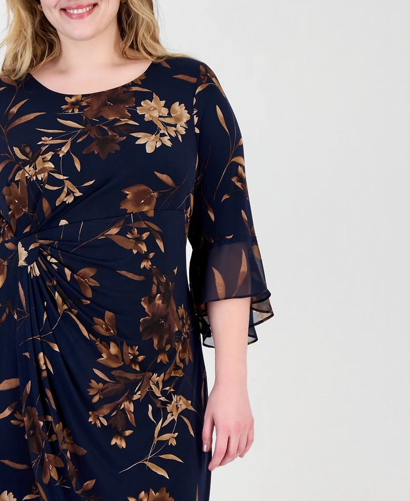 Connected Plus Floral-Print Wrap Bell-Sleeve Dress